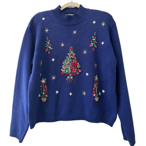 Vintage Karen Scott Blue Sweater With Embroidered Christmas Tree & Star Details - Picture 1 of 9